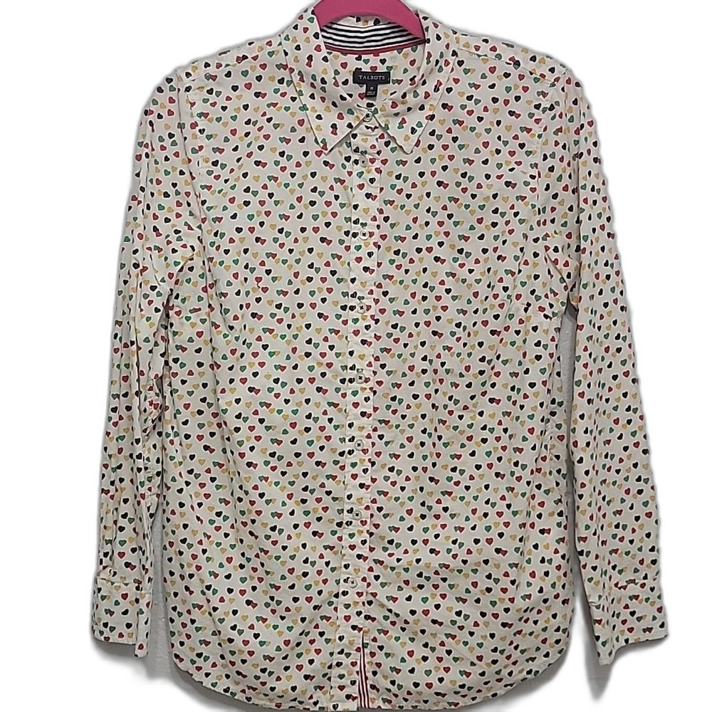 Talbots Heart Print Button Front Shirt | Multicolor Cotton | Size M